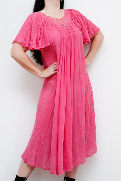 1970's Pink Lace Grecian Cotton Smock Dress