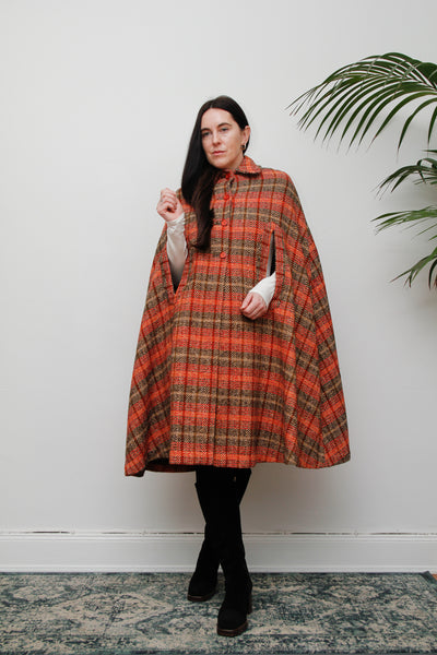 1970's Tartan Checked Wool Dramatic Maxi Cape