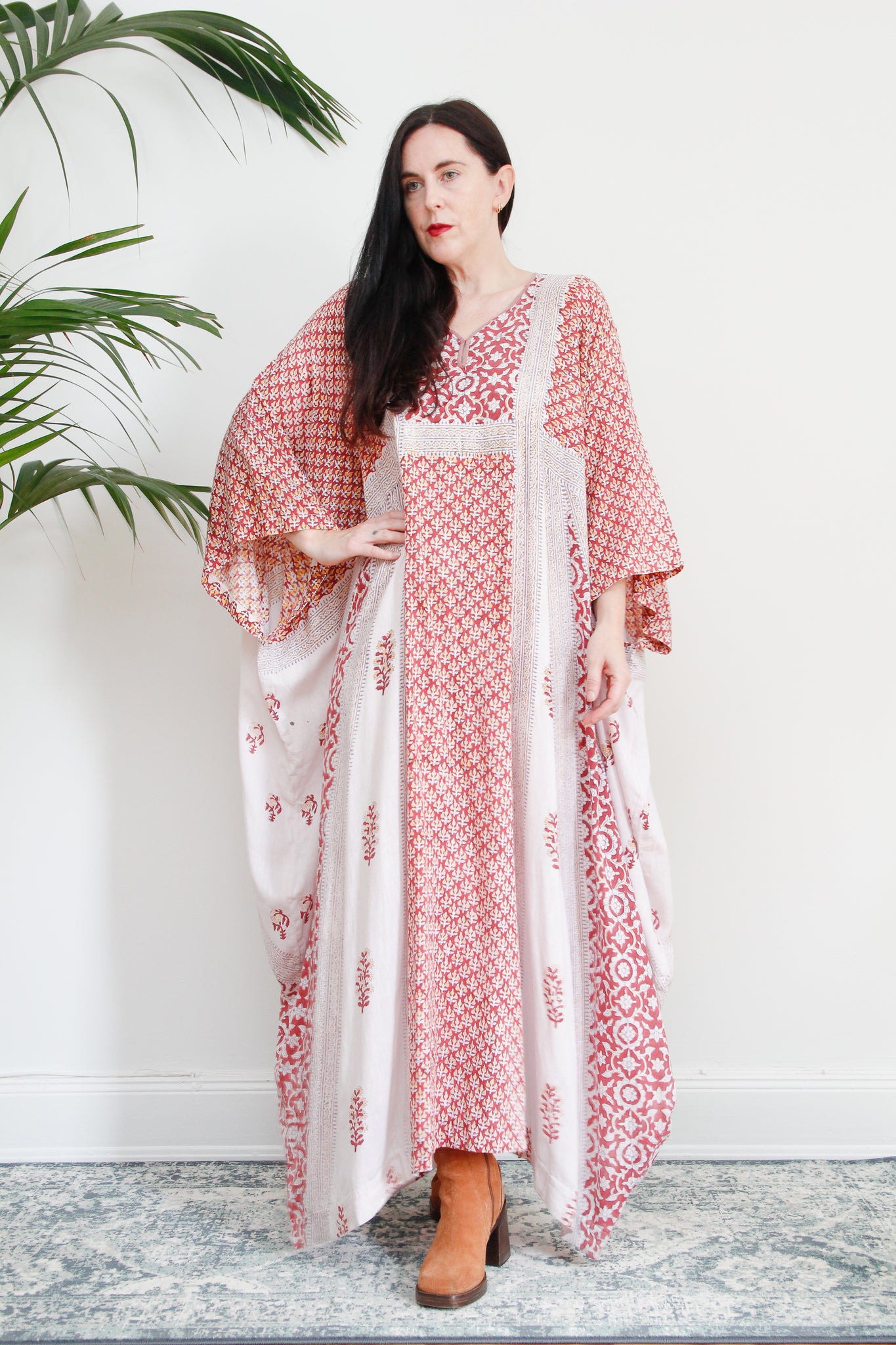 1970's Indian Cotton Block Fabric Kaftan Maxi Dress