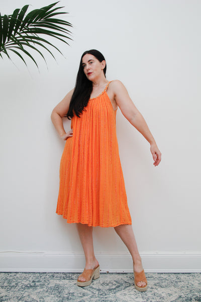 1970's Orange Gold Crinkle Cotton Grecian Cotton Smock Dress