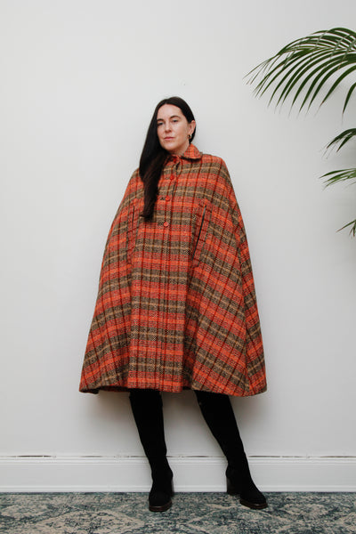 1970's Tartan Checked Wool Dramatic Maxi Cape