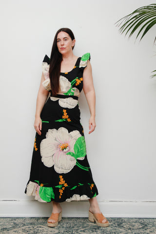 Vintage Cotton Prairie Pinafore Dress with Bold Floral Print