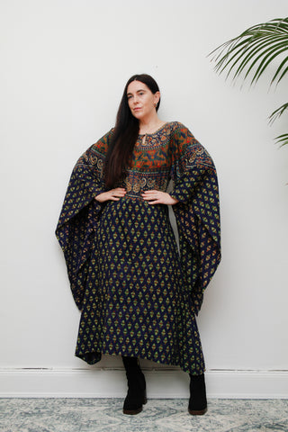 Vintage Indian Cotton Floral Kaftan Gothic Wizard Sleeve Maxi