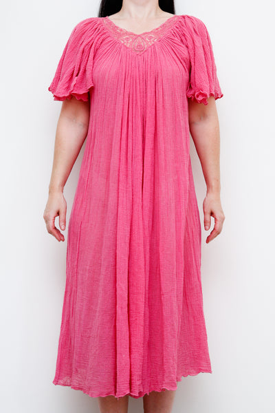 1970's Pink Lace Grecian Cotton Smock Dress