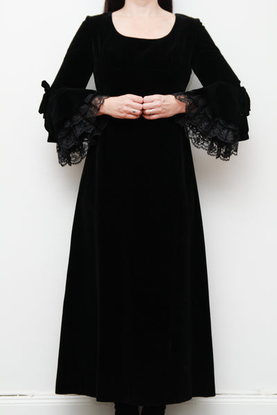 1970's Black Velvet Lace Floral Prairie Flute Sleeve Maxi Dress