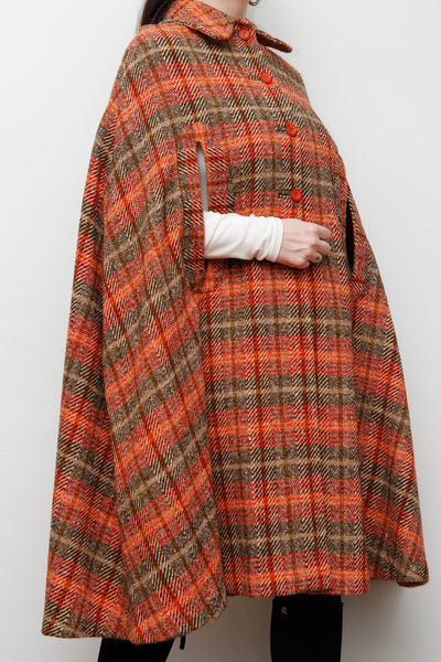 1970's Tartan Checked Wool Dramatic Maxi Cape