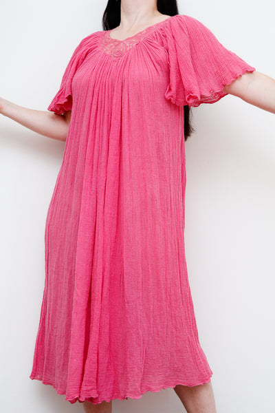 1970's Pink Lace Grecian Cotton Smock Dress