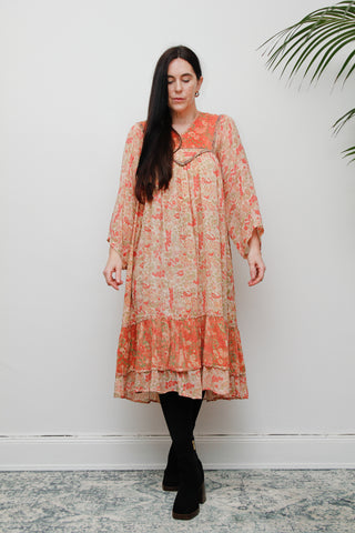 Rare Vintage Indian Cotton Gauze Dress – Bohemian Floral Frill Hem, 1970s Handcrafted Dress