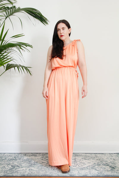 1970's Grecian One Shoulder Peach Maxi Dress