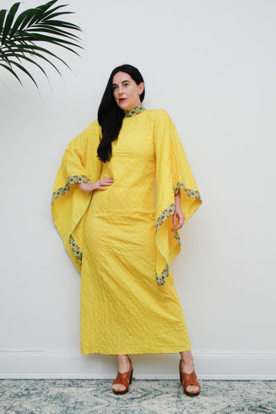 1970's Yellow Cotton Lace Mexican Kaftan Wizard Sleeve Dress