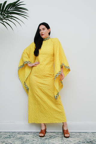 1970's Yellow Cotton Lace Mexican Kaftan Wizard Sleeve Dress