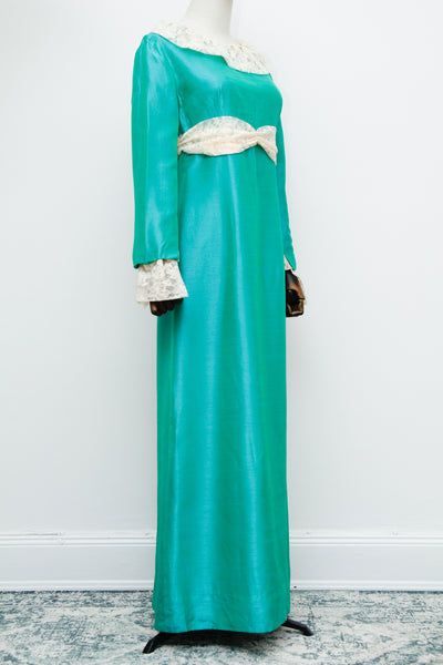 1960's Rare Green Taffeta Lace Victorian Maxi Dress