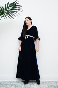 Vintage Blue Velvet Lurex Silver Bow Maxi