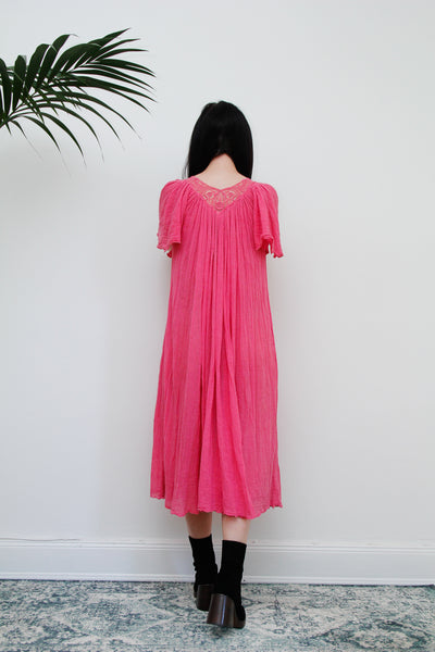 1970's Pink Lace Grecian Cotton Smock Dress