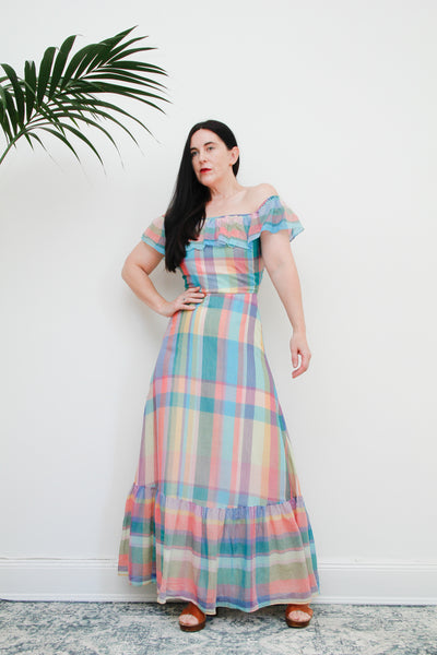 Vintage 1970's Plaid Cotton Prairie Bardot Vera Mont Dress