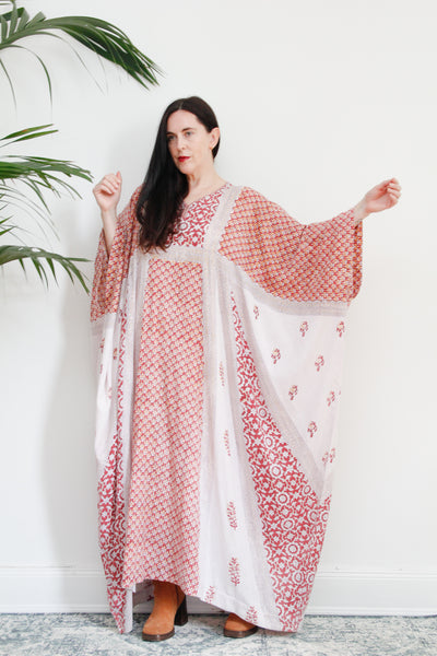 1970's Indian Cotton Block Fabric Kaftan Maxi Dress