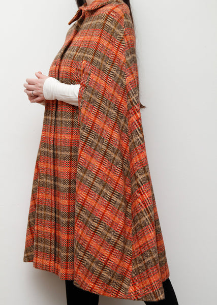 1970's Tartan Checked Wool Dramatic Maxi Cape