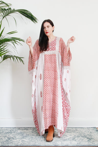 1970's Indian Cotton Block Fabric Kaftan Maxi Dress