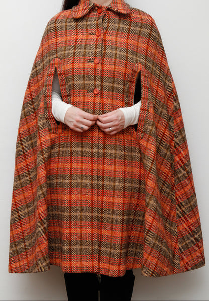 1970's Tartan Checked Wool Dramatic Maxi Cape