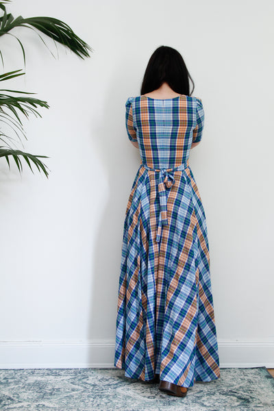 1970's Betty Barclay Checked Paid Prairie Maxi Dress