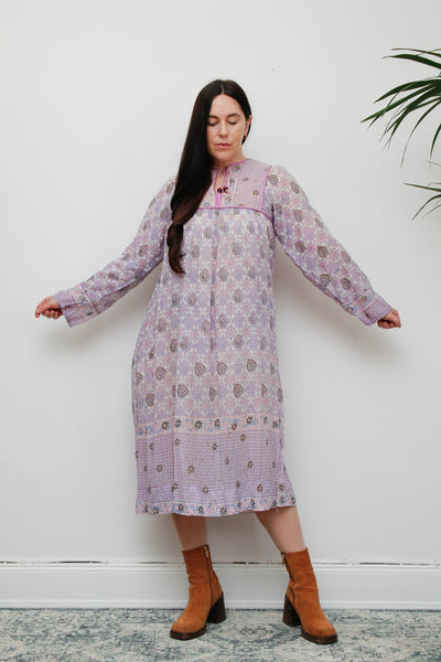 1970's Purple Indian Cotton Gauze Midi Dress