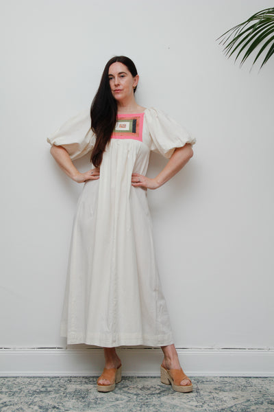 Vintage Cotton Patchwork Smock Dress – Puffy Sleeves, Boho Prairie Style, One-of-a-Kind Bodice