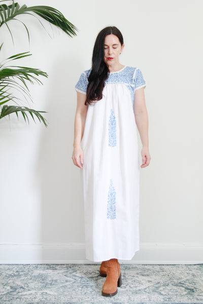 1970's Traditional Cotton Floral Embroidered Oaxacan Mexican Maxi Dress