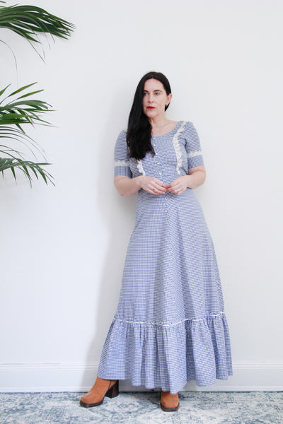 1970's Vintage Gingham Cotton Prairie Maxi Dress