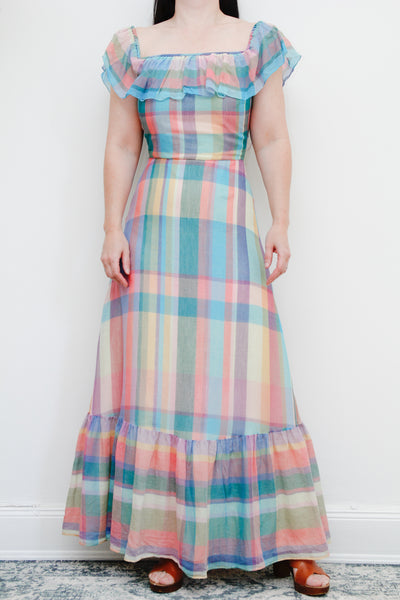 Vintage 1970's Plaid Cotton Prairie Bardot Vera Mont Dress