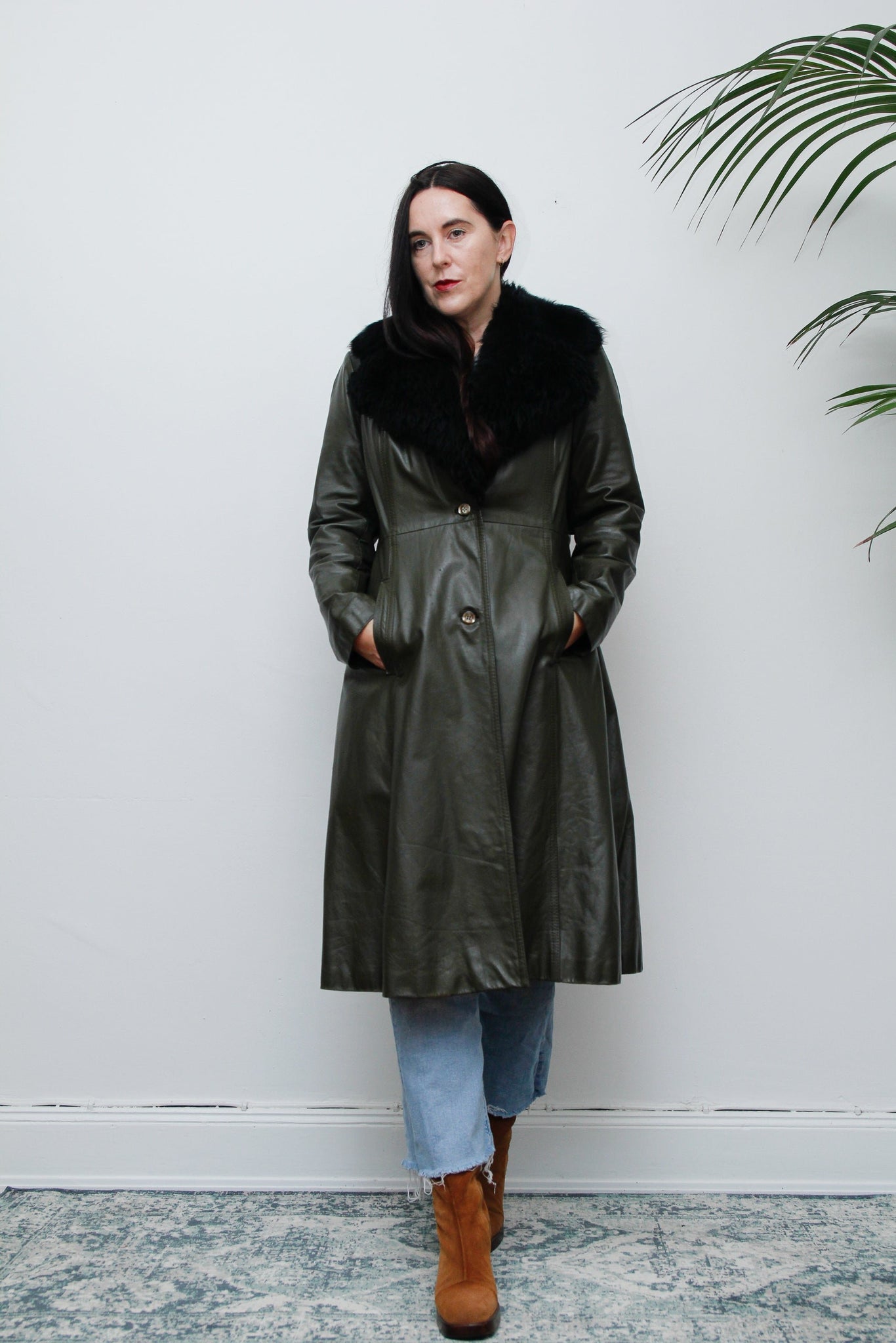 1970's Olive Green Afghan Penny Lane Leather Sheepskin Coat