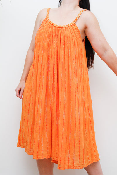 1970's Orange Gold Crinkle Cotton Grecian Cotton Smock Dress