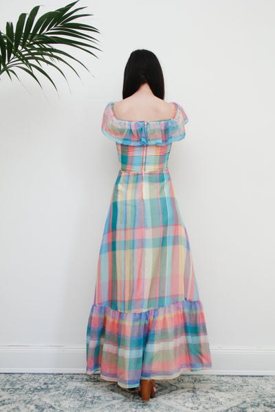 Vintage 1970's Plaid Cotton Prairie Bardot Vera Mont Dress