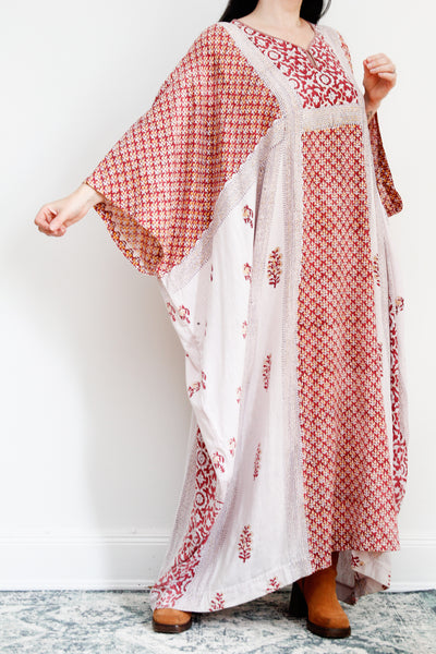 1970's Indian Cotton Block Fabric Kaftan Maxi Dress