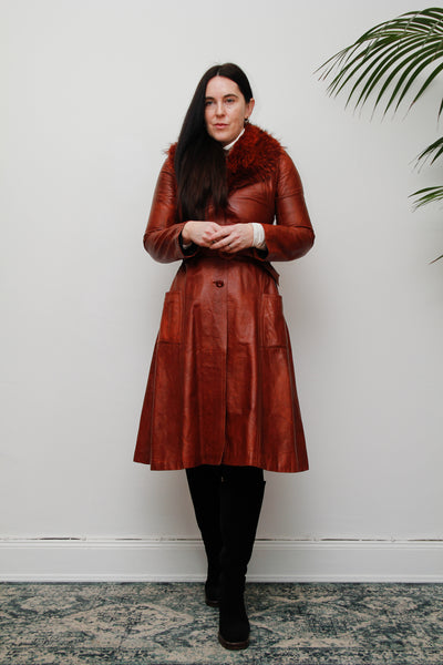 1970's Afghan Penny Lane Fur Collar Burnt Orange Leather Coat