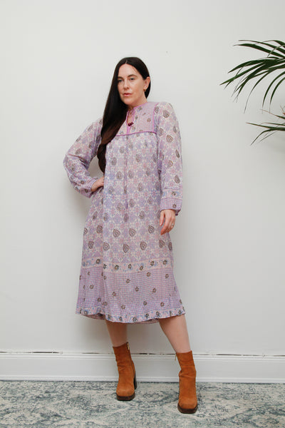1970's Purple Indian Cotton Gauze Midi Dress