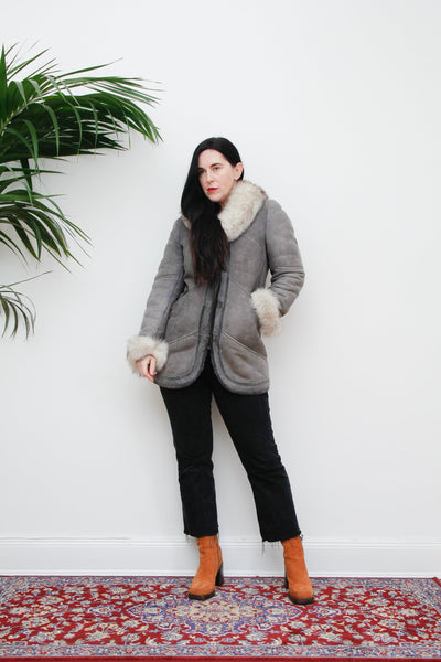 Vintage Grey Sheepskin Suede Fox Fur Coat