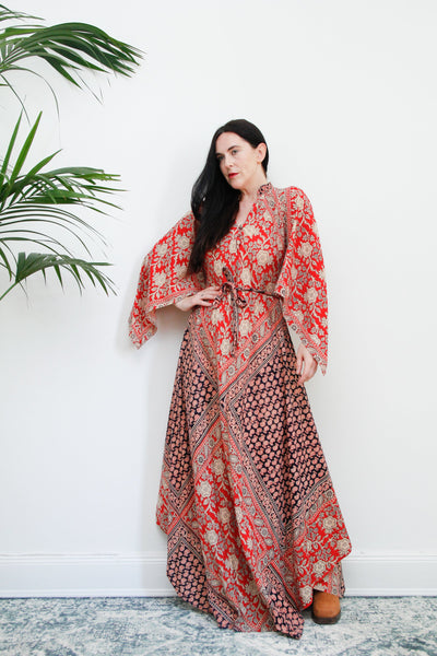 1970's Indian Cotton Block Fabric Kaftan Maxi Dress