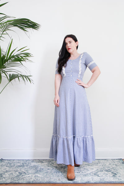 1970's Vintage Gingham Cotton Prairie Maxi Dress