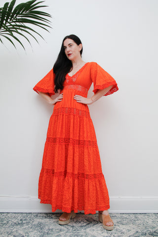 Vintage Orange Cotton Mexican Maxi Lace Dress