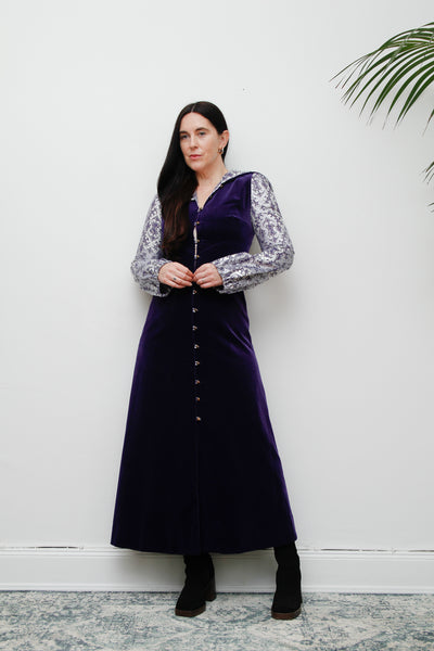 Vintage Purple Velvet Hooded Floral Maxi Dress