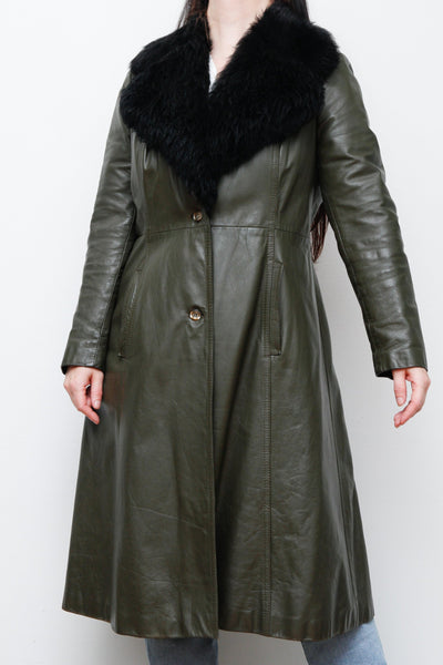 1970's Olive Green Afghan Penny Lane Leather Sheepskin Coat