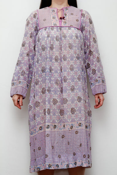 1970's Purple Indian Cotton Gauze Midi Dress