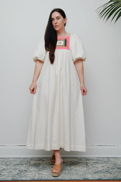 Vintage Cotton Patchwork Smock Dress – Puffy Sleeves, Boho Prairie Style, One-of-a-Kind Bodice