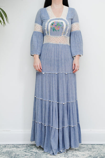 Vintage Cotton Floral Embroidery Blue Maxi Dress