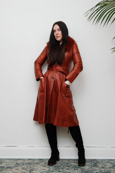 1970's Afghan Penny Lane Fur Collar Burnt Orange Leather Coat