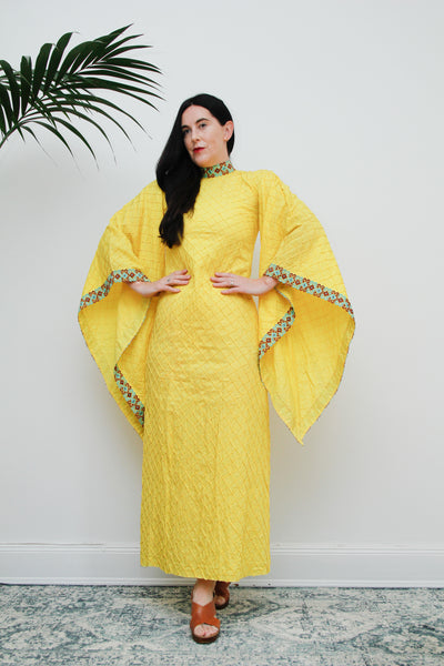 1970's Yellow Cotton Lace Mexican Kaftan Wizard Sleeve Dress