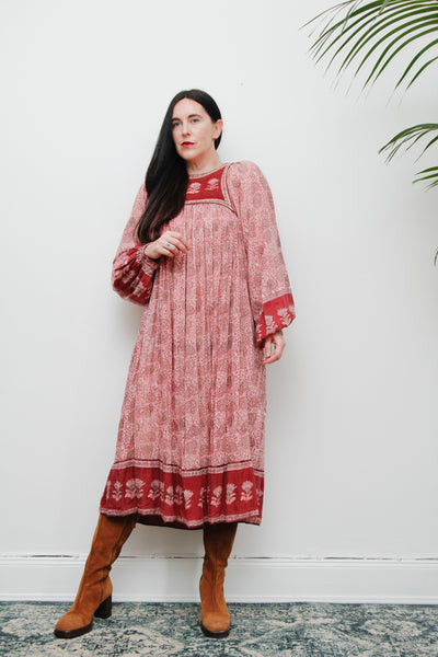 Original Floral Indian Cotton Gauze Smock Dress 1970's