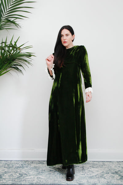 1960's Rare Lorrie Deb Green Velvet Lace Victorian Maxi Dress