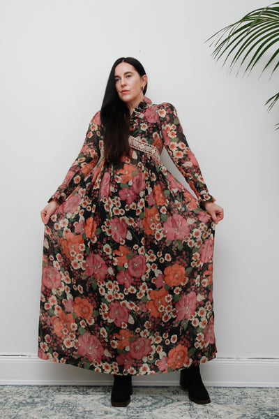 Vintage Floral Cotton Sheer Frilled Maxi Dress