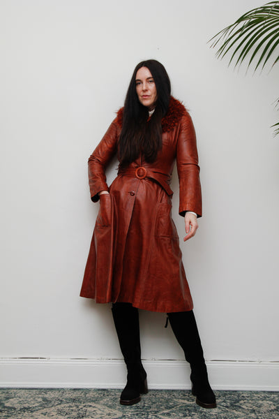 1970's Afghan Penny Lane Fur Collar Burnt Orange Leather Coat